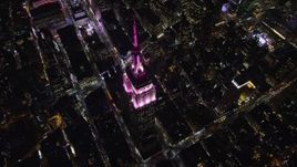 5.5K aerial stock footage of a bird's eye orbit of the iconic Empire State Building at Night in Midtown Manhattan, NYC Aerial Stock Footage | AX122_173