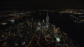 5.5K aerial stock footage of an approach to the World Trade Center in Lower Manhattan at Nighttime in New York City Aerial Stock Footage | AX123_081E