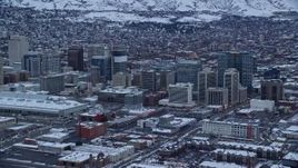 5.5K aerial stock footage orbit Downtown Salt Lake City in Winter at Sunrise in Utah Aerial Stock Footage | AX124_010