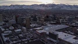5.5K aerial stock footage orbit Downtown Salt Lake City and Salt Lake Temple in winter at sunrise in Utah Aerial Stock Footage | AX124_206