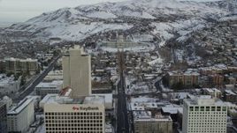 5.5K aerial stock footage approach Utah State Capitol from Downtown in winter at sunrise, Salt Lake City Aerial Stock Footage | AX124_216