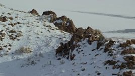 5.5K aerial stock footage of circling bighorn sheep by large boulders on a snowy mountain, Antelope Island, Utah Aerial Stock Footage | AX125_074