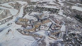 5.5K aerial stock footage orbiting hotels at Canyons Resort in Park City in wintertime, Utah Aerial Stock Footage | AX126_113E