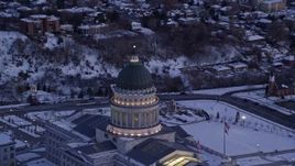 5.5K aerial stock footage orbit dome of state capitol at twilight with winter snow on ground, Salt Lake City, Utah Aerial Stock Footage | AX128_013E