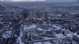 5.5K aerial stock footage approach Utah State Capitol, Church Office Building and the temple in Downtown SLC at twilight Aerial Stock Footage | AX128_022
