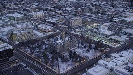 5.5K aerial stock footage orbit Salt Lake City Hall with winter snow at twilight, Utah Aerial Stock Footage | AX128_027
