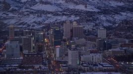 5.5K aerial stock footage flyby Downtown Salt Lake City buildings, the Utah State Capitol in background, in wintertime at twilight Aerial Stock Footage | AX128_031E