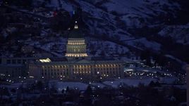 5.5K aerial stock footage orbit front side of Utah State Capitol with winter snow at night, Salt Lake City Aerial Stock Footage | AX128_064