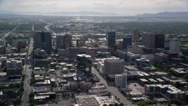 5.5K aerial stock footage flyby buildings, city streets, Downtown Salt Lake City, Utah Aerial Stock Footage | AX129_012