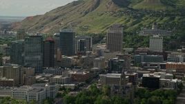 5.5K aerial stock footage of flying by State Street, Main Street, city buildings, Downtown Salt Lake City, Utah Aerial Stock Footage | AX129_014E