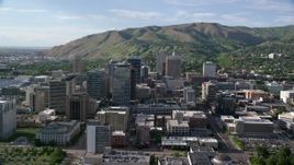 5.5K aerial stock footage of approaching buildings in Downtown Salt Lake City, Utah Aerial Stock Footage | AX129_052