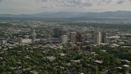 5.5K aerial stock footage of flying by city streets and buildings, Downtown Salt Lake City, Utah Aerial Stock Footage | AX129_060E