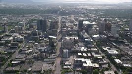 5.5K aerial stock footage of passing by city streets and buildings, Downtown Salt Lake City, Utah Aerial Stock Footage | AX129_063