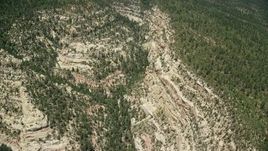 5.5K aerial stock footage of flying by box canyon, tilt to bird's eye view, Manti-La Sal National Forest, Utah Aerial Stock Footage | AX136_181
