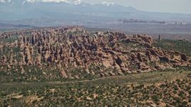 5.5K aerial stock footage of a view of rock formation in Devil's Garden, Arches National Park, Utah Aerial Stock Footage | AX137_047E