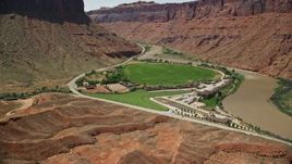 5.5K aerial stock footage orbit Red Cliffs Lodge hotel in Moab, Utah Aerial Stock Footage | AX137_155E