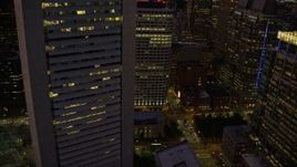 5.5K aerial stock footage orbiting Federal Reserve Bank Building, Russia Wharf, Downtown Boston, Massachusetts, twilight Aerial Stock Footage | AX141_036