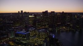 5.5K aerial stock footage flying by the skyline, Downtown Boston, Massachusetts, twilight Aerial Stock Footage | AX141_041E