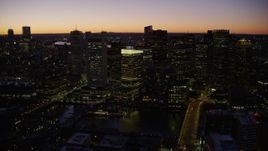5.5K aerial stock footage approaching skyscrapers over city streets, Downtown Boston, Massachusetts, twilight Aerial Stock Footage | AX141_051E