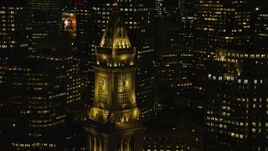 5.5K aerial stock footage orbiting top of Custom House Tower, Downtown Boston, Massachusetts, night  Aerial Stock Footage | AX141_078