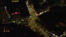 5.5K aerial stock footage approaching Harvard Square, Massachusetts Avenue, Harvard University, Massachusetts, night Aerial Stock Footage | AX141_102E