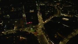 5.5K aerial stock footage of a bird's eye view over Harvard Square, Massachusetts Avenue, Harvard University, Massachusetts, night Aerial Stock Footage | AX141_104