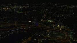 5.5K aerial stock footage flying by Zakim Bridge, approach Bunker Hill Monument, Charlestown, Massachusetts, night Aerial Stock Footage | AX141_199E