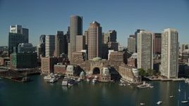 5.5K aerial stock footage of Rowes Wharf,  One and Two International Place, Downtown Boston, Massachusetts Aerial Stock Footage | AX142_036E