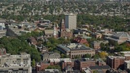 5.5K aerial stock footage flying by Harvard University, Widener Library, and Memorial Church in Cambridge, Massachusetts Aerial Stock Footage | AX142_101E