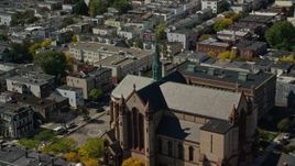 5.5K aerial stock footage approaching Gate of Heaven Catholic Church, South Boston, Massachusetts Aerial Stock Footage | AX142_239E