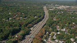 5.5K aerial stock footage flying over neighborhoods, Interstate 93, autumn, Westwood, Massachusetts Aerial Stock Footage | AX142_323
