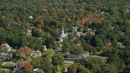 5.5K aerial stock footage flying over small town, trees, approach church, autumn, Hingham, Massachusetts Aerial Stock Footage | AX143_017E