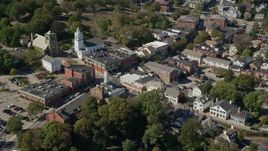 5.5K aerial stock footage orbiting churches and shops in the small town, Plymouth, Massachusetts Aerial Stock Footage | AX143_096