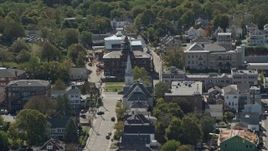 5.5K aerial stock footage flying by small town, church, historic building, Plymouth, Massachusetts Aerial Stock Footage | AX143_098