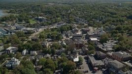 5.5K aerial stock footage flying over homes and shops, small town, Plymouth, Massachusetts Aerial Stock Footage | AX143_099E