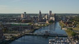 6k aerial stock footage flying over Providence River Bridge, approaching Downtown Providence, Rhode Island Aerial Stock Footage | AX145_033E