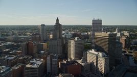 6k aerial stock footage flying by the downtown skyline, Downtown Providence, Rhode Island Aerial Stock Footage | AX145_036E