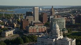6k aerial stock footage flying over the Rhode Island State House toward Downtown Providence, Rhode Island Aerial Stock Footage | AX145_055E
