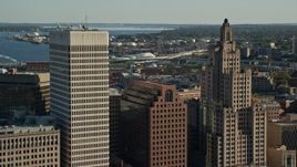 6k aerial stock footage approaching buildings, skyscrapers, factories, Downtown Providence, Rhode Island Aerial Stock Footage | AX145_058E