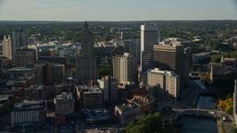 6k aerial stock footage flying by buildings and skyscrapers, Downtown Providence, Rhode Island Aerial Stock Footage | AX145_061
