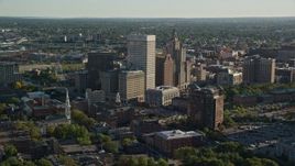 6k aerial stock footage flying by buildings and skyscrapers, Downtown Providence, Rhode Island Aerial Stock Footage | AX145_075E