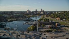 6k aerial stock footage approaching the Providence River Bridge, Downtown Providence, Rhode Island Aerial Stock Footage | AX145_082E