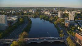 6k aerial stock footage flying over Charles River, approach Harvard University, Massachusetts, sunset Aerial Stock Footage | AX146_018