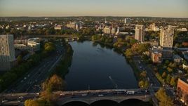 6k aerial stock footage flying over Charles River, approach Harvard University, Massachusetts, sunset Aerial Stock Footage | AX146_018E