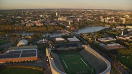 6k aerial stock footage approaching Harvard Stadium and Harvard University, Massachusetts, sunset Aerial Stock Footage | AX146_041E
