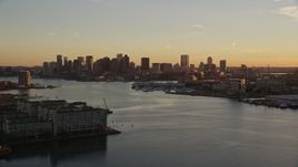 6k aerial stock footage flying by Charles River and skyline, Downtown Boston, Massachusetts, sunset Aerial Stock Footage | AX146_075E
