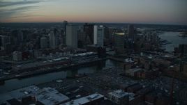 6k aerial stock footage of Fort Point Channel, Downtown Boston, Massachusetts, twilight Aerial Stock Footage | AX146_123E