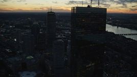 6k aerial stock footage Back Bay row houses and skyscrapers, Downtown Boston, Massachusetts, twilight Aerial Stock Footage | AX146_144E
