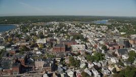 6K aerial stock footage of City hall and coastal town, Gloucester, Massachusetts Aerial Stock Footage | AX147_103E