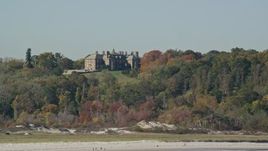 6K aerial stock footage of The Great House, Crane Estate atop Castle Hill in autumn, Ipswich, Massachusetts Aerial Stock Footage | AX147_137